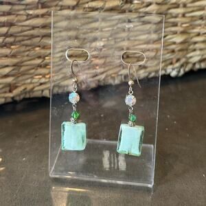 Vintage Women’s Earrings Green Glass Dangle Aurora Crystal Accent